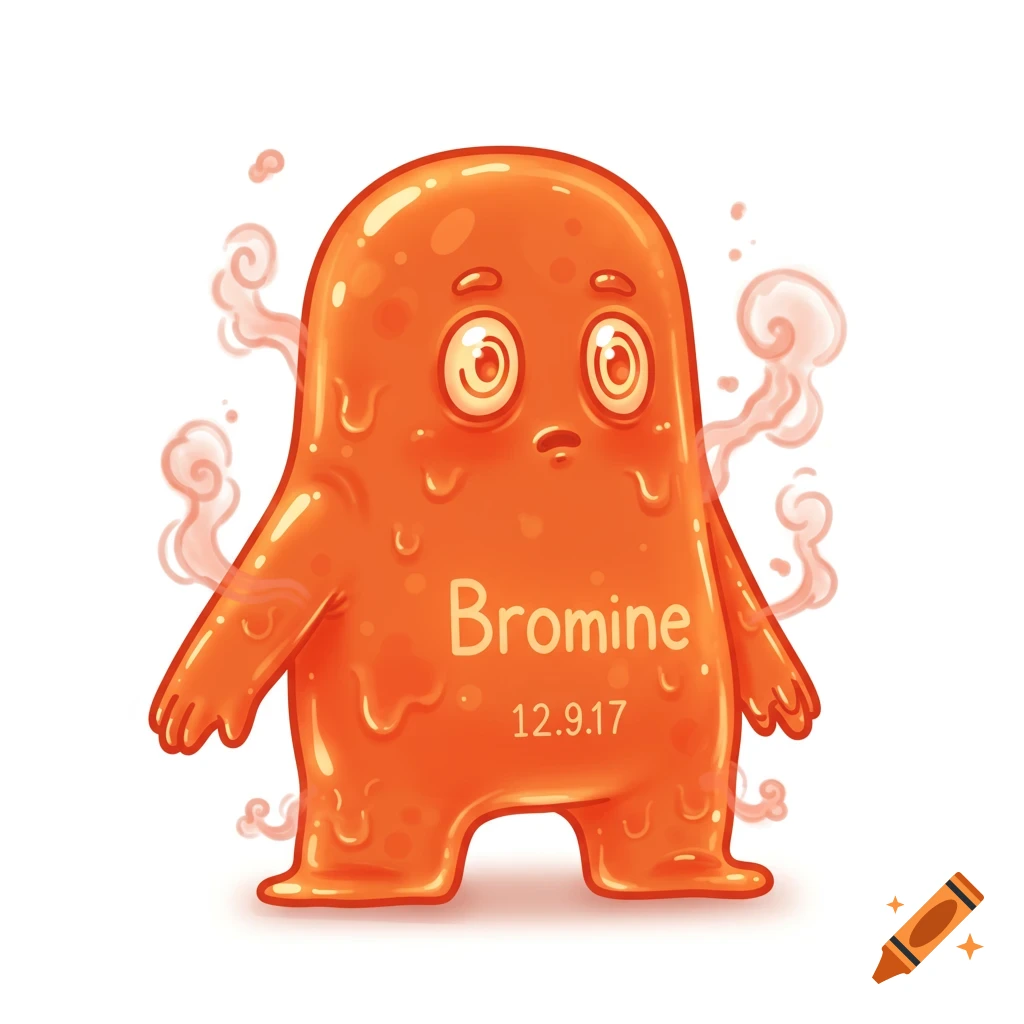 A cute, orange, blob-like cartoon character representing Bromine, with the word 'Bromine' and '12.9.17' on its body, surrounded by light orange smoke.