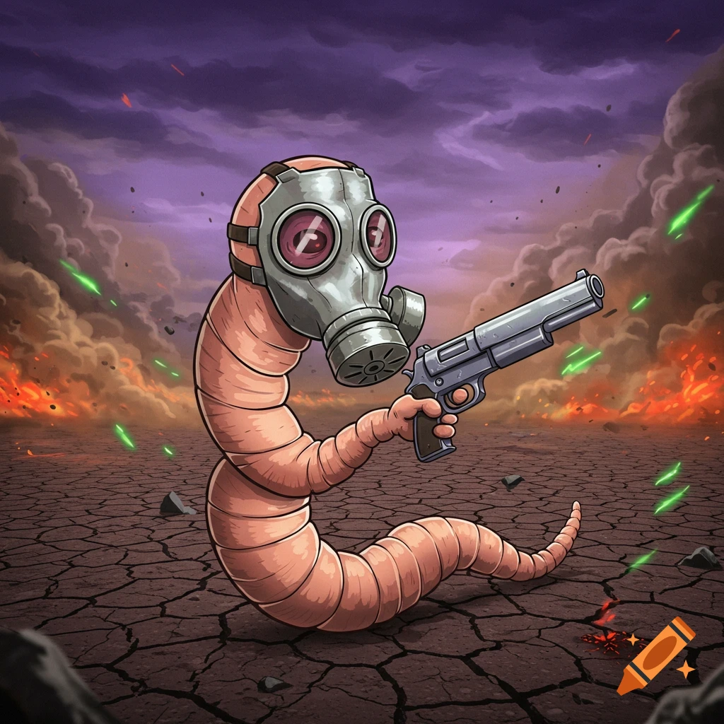 A cartoon worm in a gas mask holds a large pistol on cracked earth with fire and stormy skies in the background.