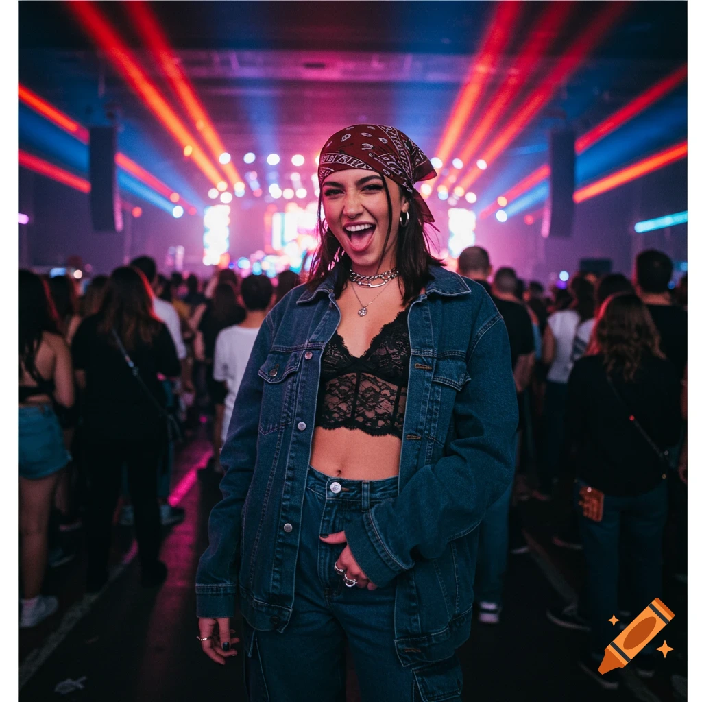 A stylish woman in a denim jacket and bandana smiles at a vibrant concert.