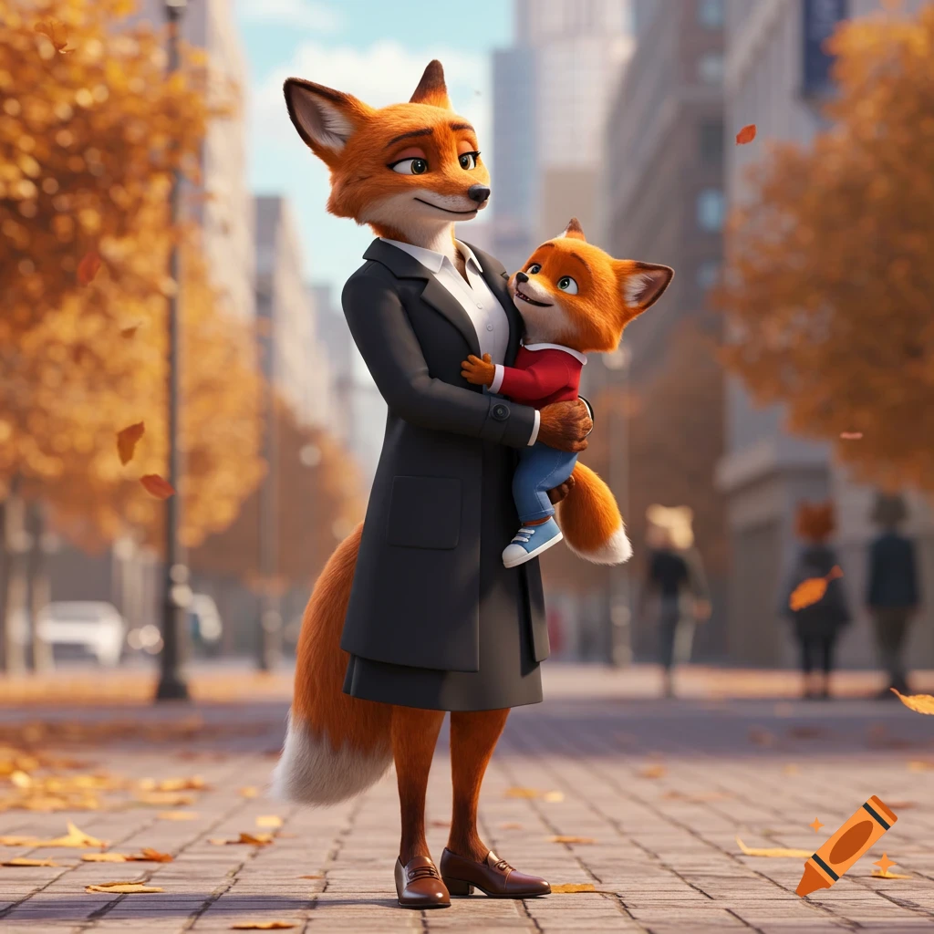 An anthropomorphic fox mother in a black coat holds her small fox son in a red shirt on an autumn city street. Animation style.