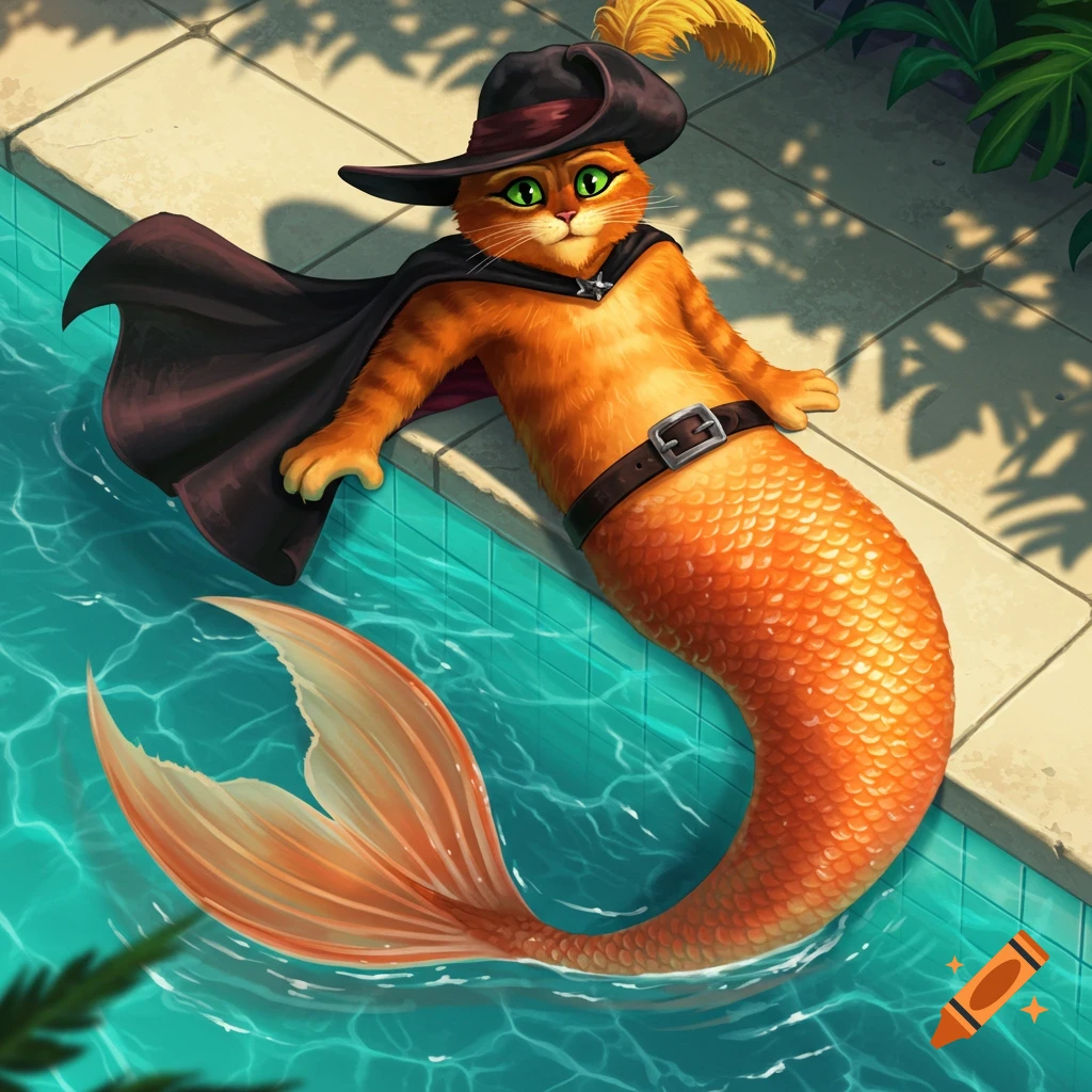 Puss in Boots with a black hat and cape, with an orange mermaid tail, lounging by a swimming pool in a cartoon style.