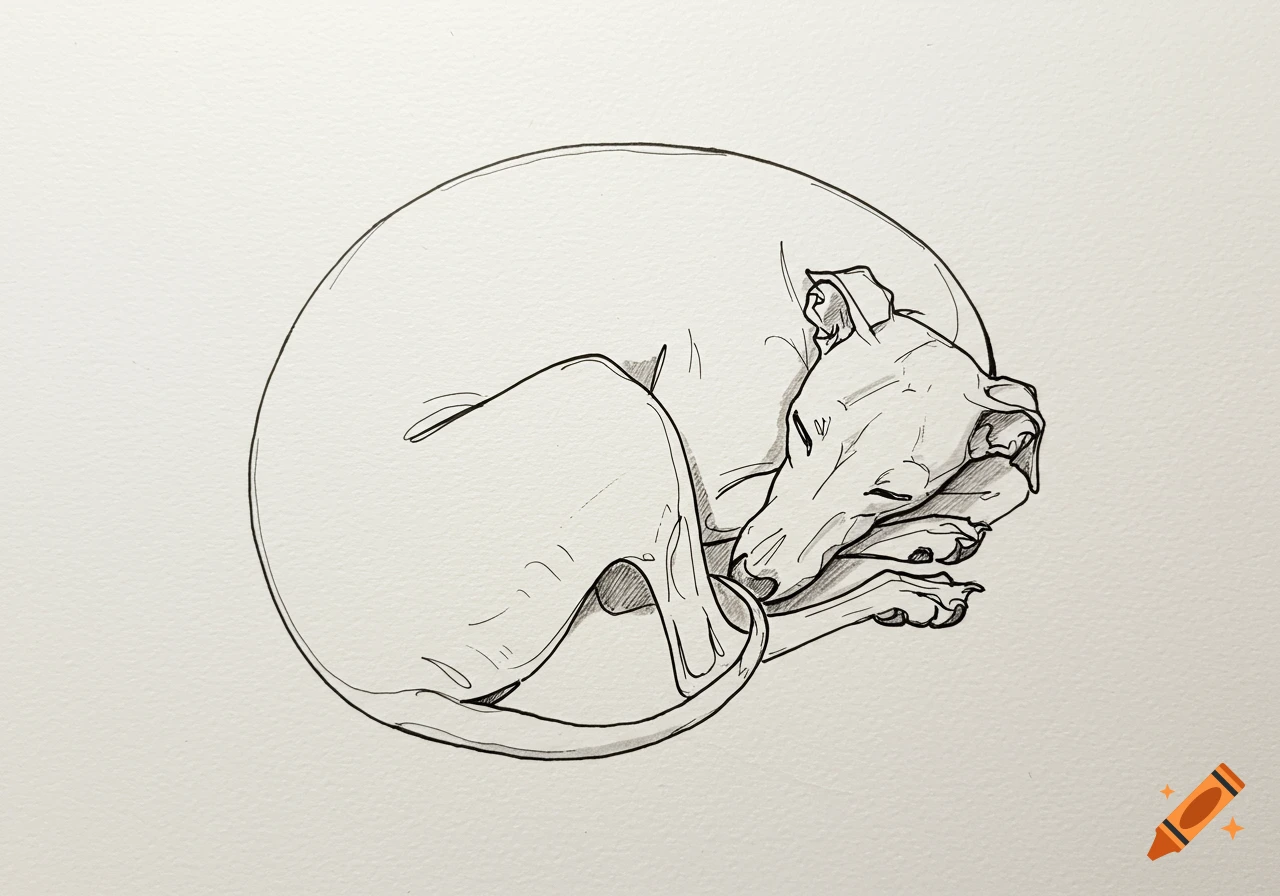 Line art sketch of an Italian greyhound curled up and sleeping.