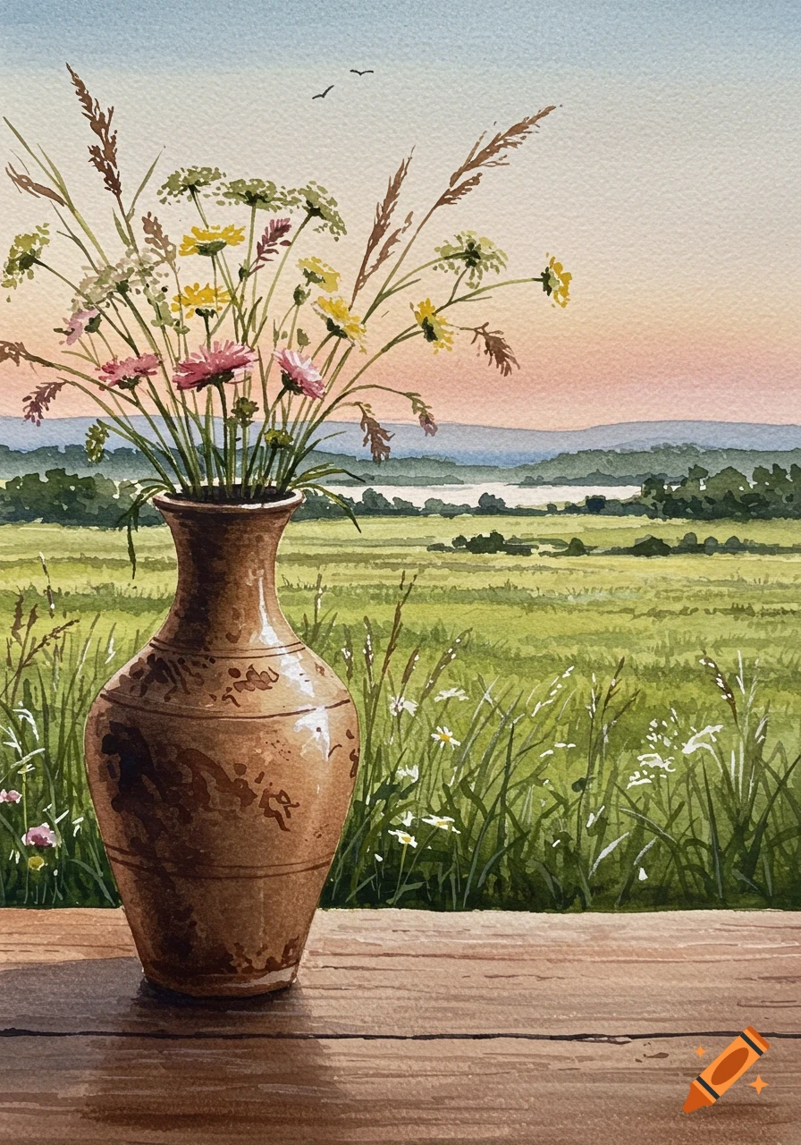 A watercolor painting of a brown vase filled with wildflowers on a wooden table, overlooking a green field and distant lake at sunset.