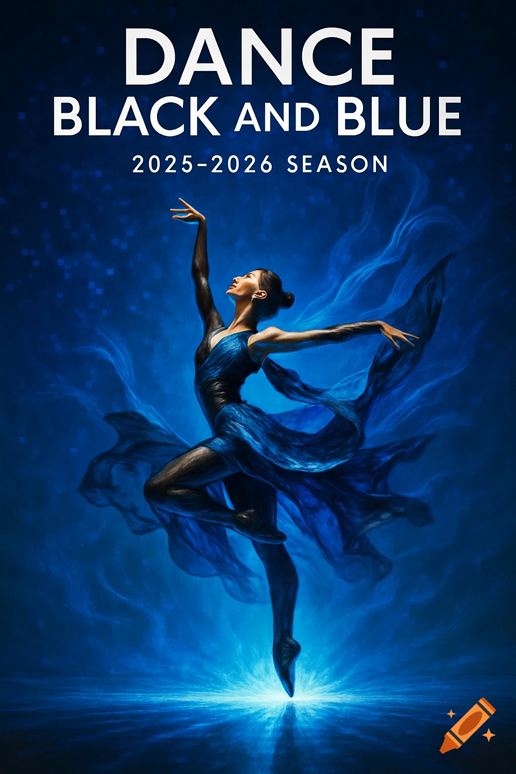 A female dancer in a blue dress and black body paint performs gracefully against a dark blue, starry background. Text reads 'DANCE BLACK AND BLUE 2025-2026 SEASON'.