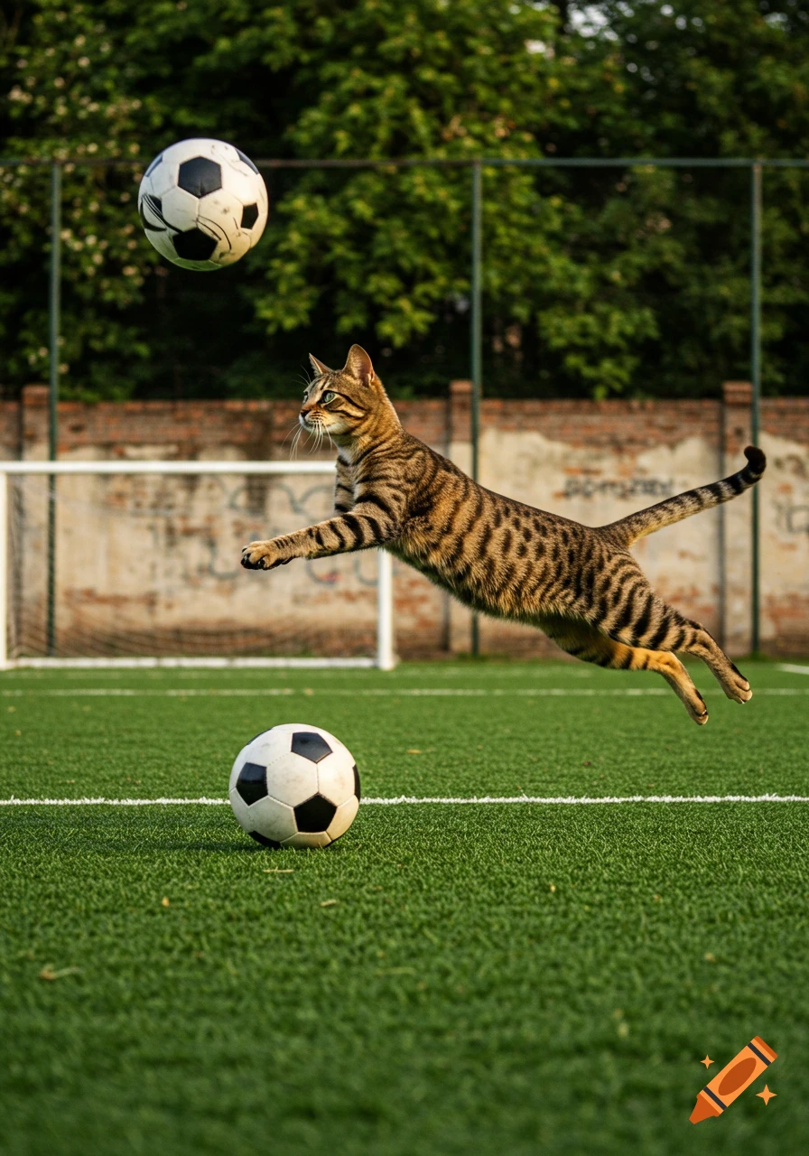 A striped cat leaps in the air towards a soccer ball on a green field, with another ball floating above it and a goal in the background.