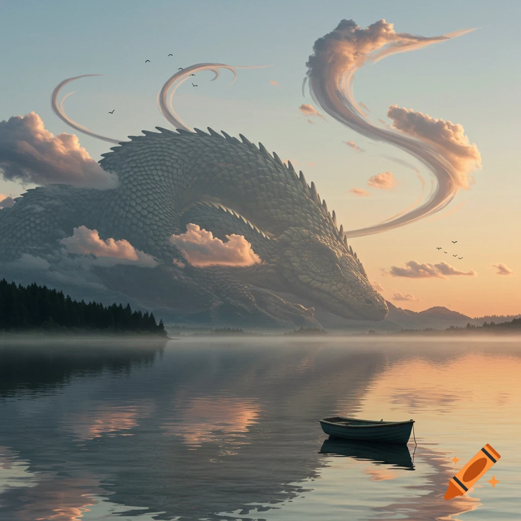 A colossal dragon-like creature rests in a misty lake at sunset, with a small boat floating in the foreground and swirling clouds above.