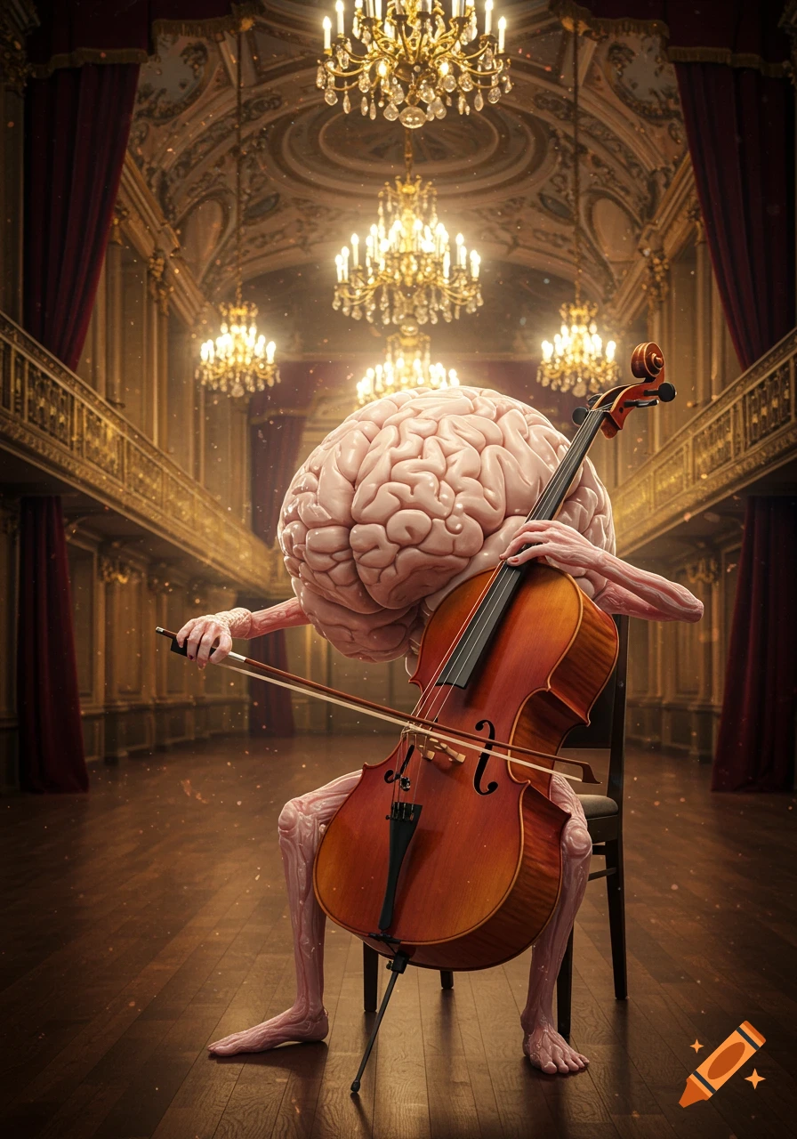 A human brain with arms and legs sits on a chair, playing a cello in a grand, ornate hall with multiple chandeliers and red curtains.