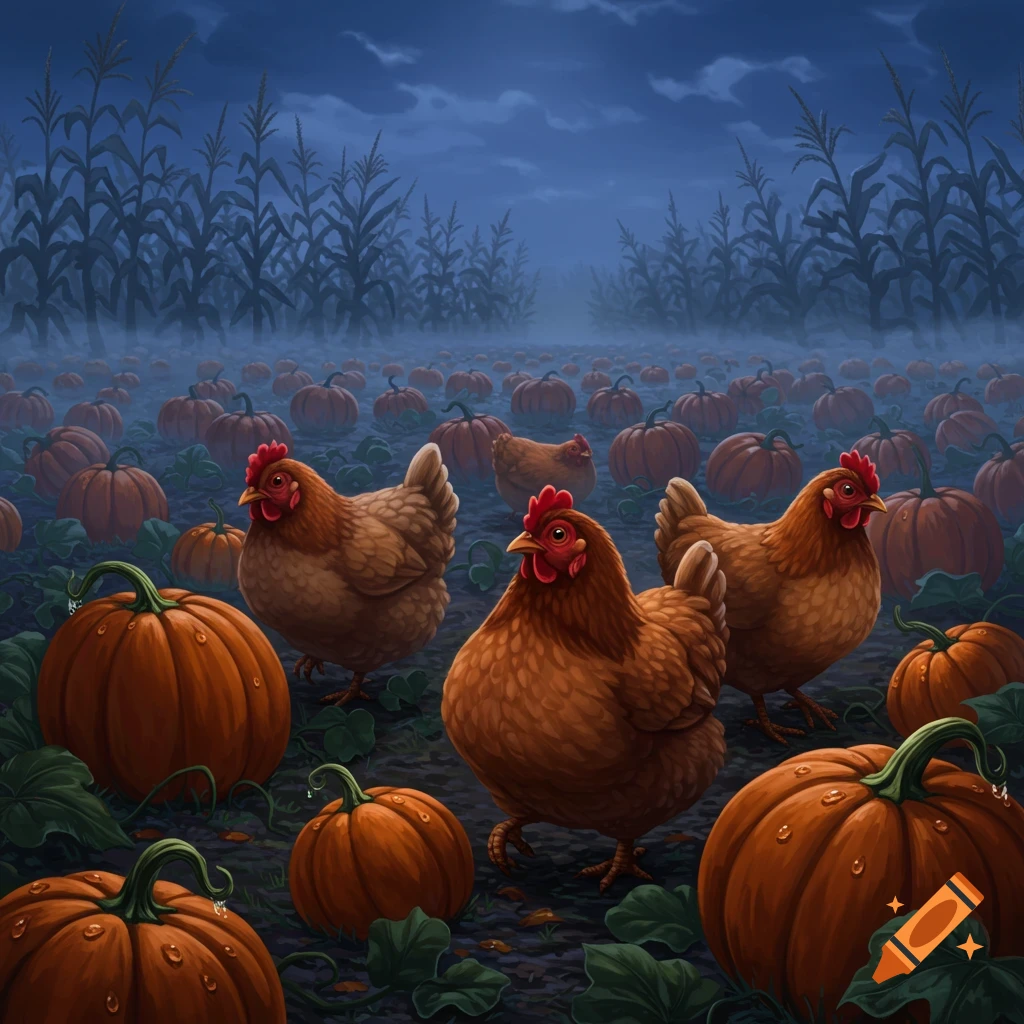 Illustrative image of brown chickens walking among orange pumpkins in a field at night, with corn stalks in foggy background.