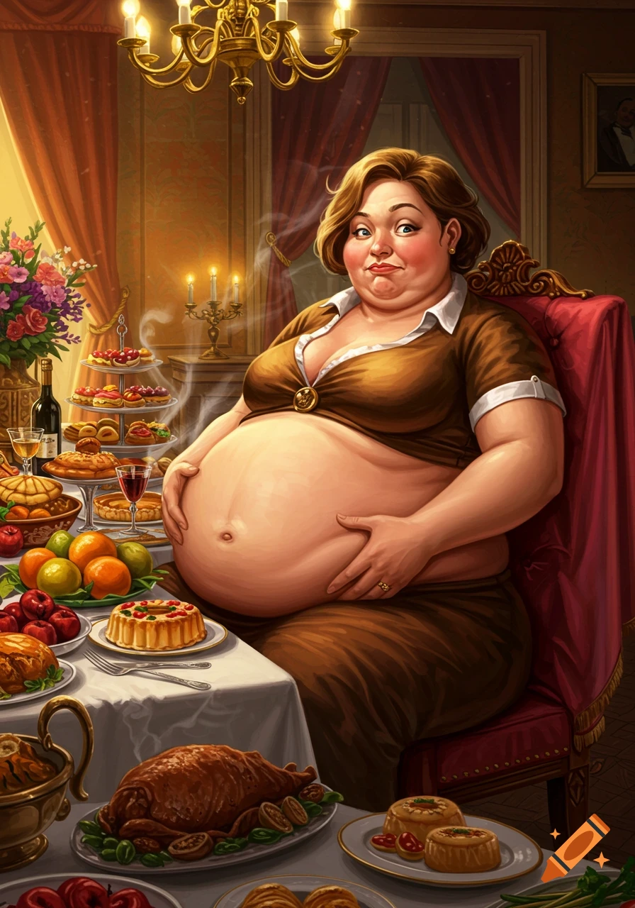 An illustration of a woman with a very large belly sitting at a grand dining table overflowing with various dishes of food.