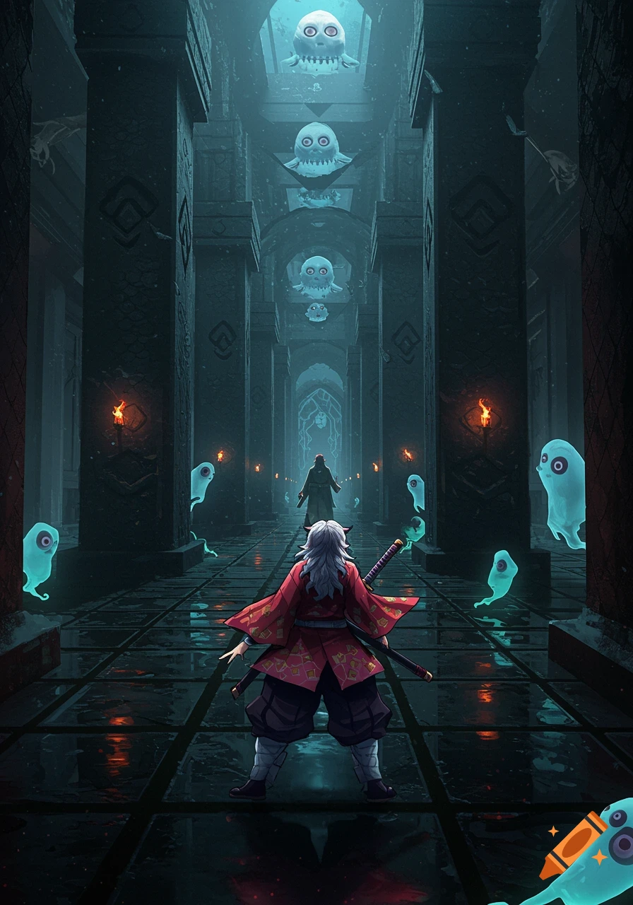 An anime-style character in a red kimono stands in a dark, haunted temple corridor, surrounded by glowing spirits and skull-like figures.