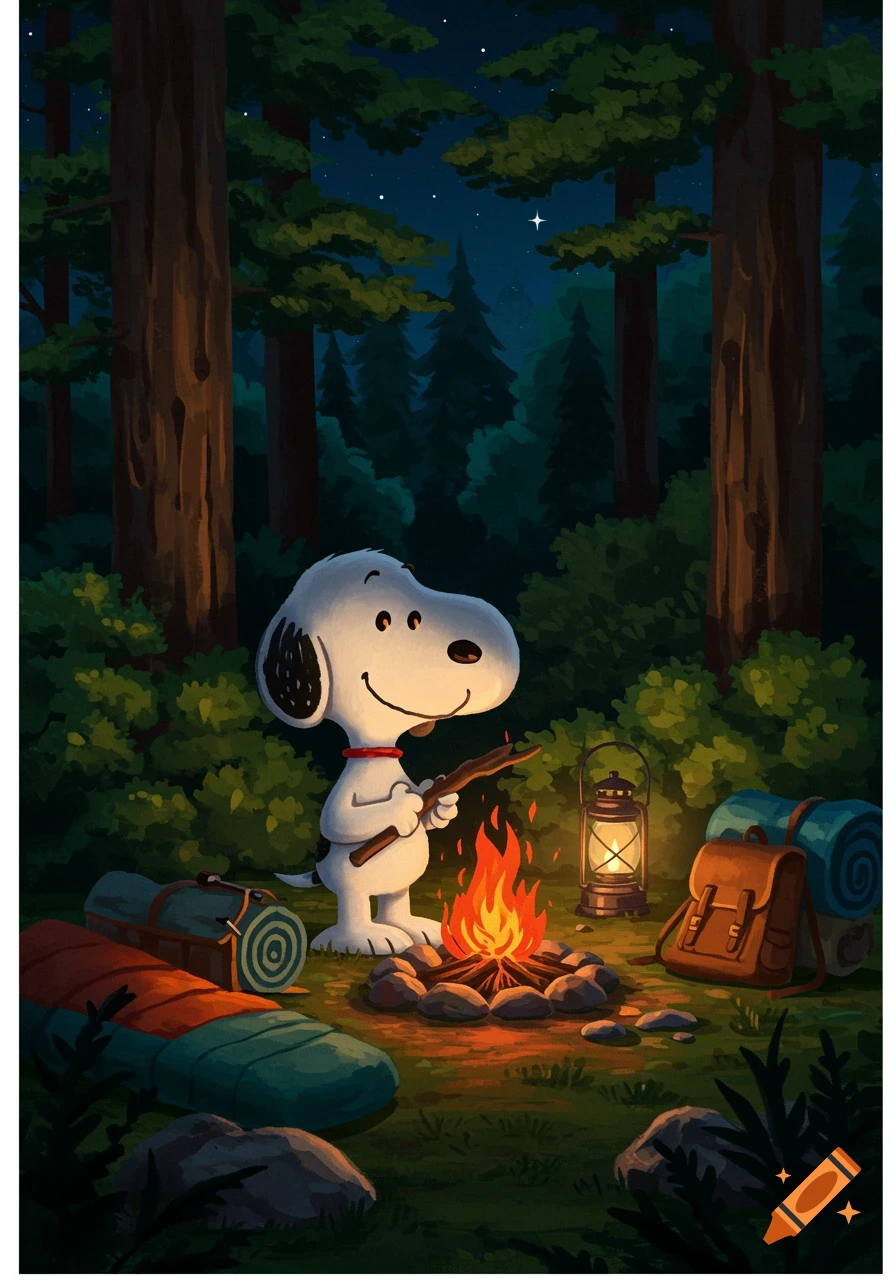 Cartoon Snoopy smiles while roasting something on a stick over a campfire in a dark forest at night with a lantern and camping gear.