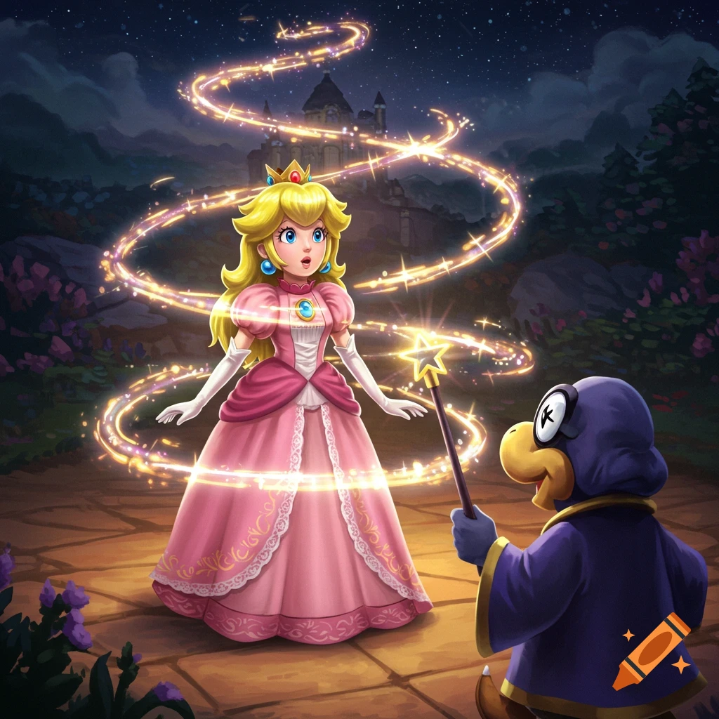 Princess Peach looks surprised as Kamek casts a magic spell, sending glowing rings swirling around her outside a castle at night.