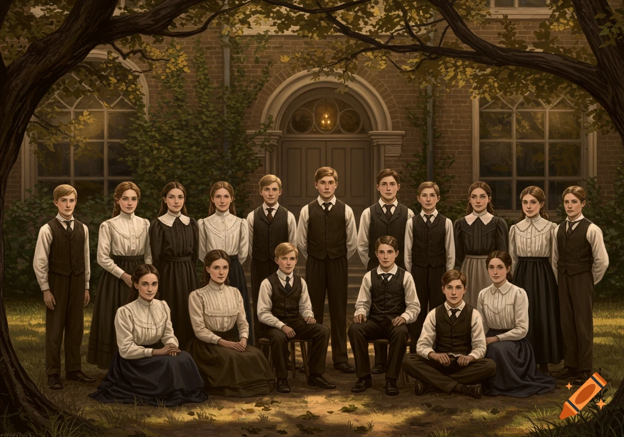 A sepia-toned group portrait of children in late 19th-century attire standing and seated in front of a brick building, under an arching tree.