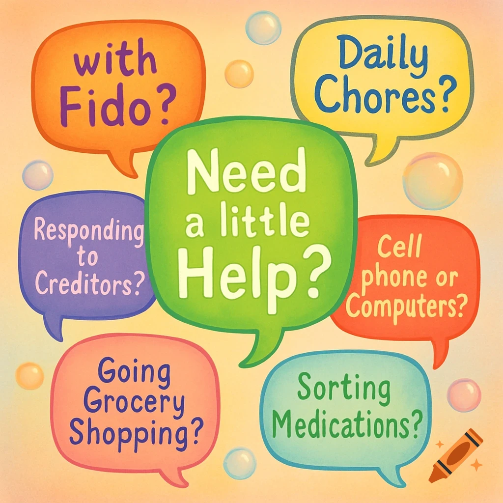 Colorful speech bubbles on a yellow background, with the central green bubble asking "Need a little Help?" surrounded by other bubbles listing daily tasks.