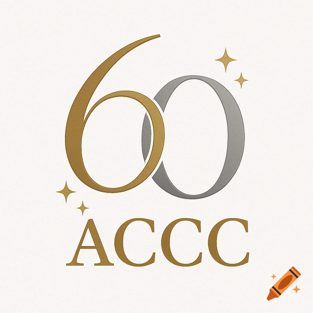 A gold and silver "60" logo with "ACCC" in gold text below, surrounded by small gold sparkles on a light textured background.