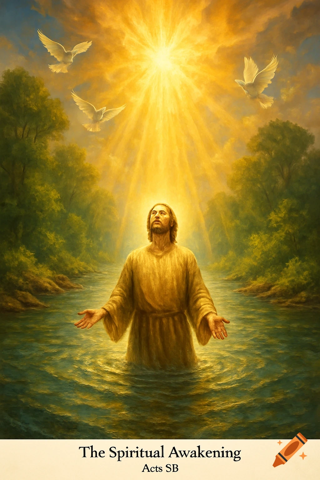 A stylized painting depicts a man, possibly Jesus, standing in water, looking upwards towards a bright, golden light and three white doves. Trees line the riverbanks.