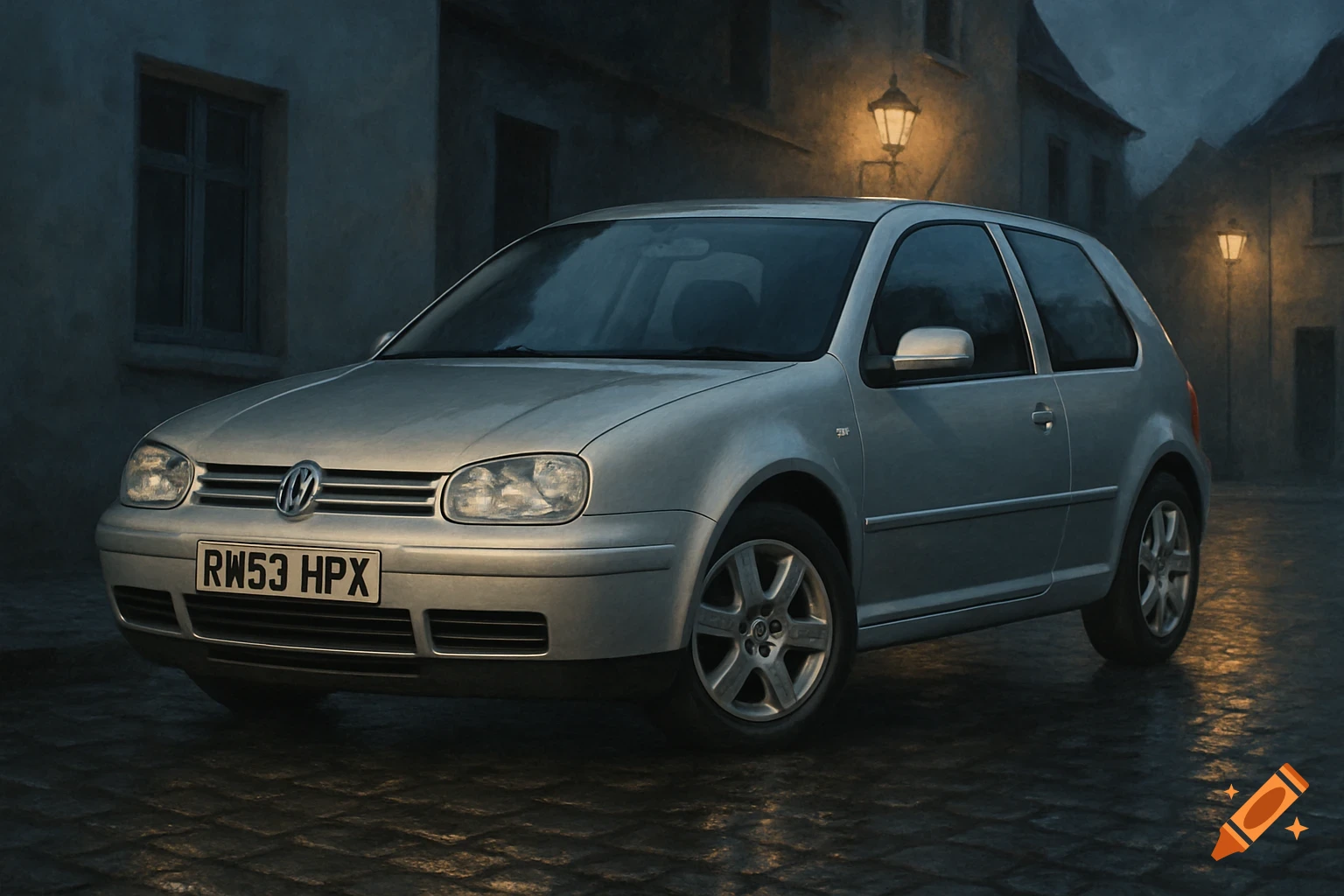 A silver 2003 Volkswagen Golf Mk4 three-door parked on a wet cobblestone street at dusk, illuminated by streetlights.