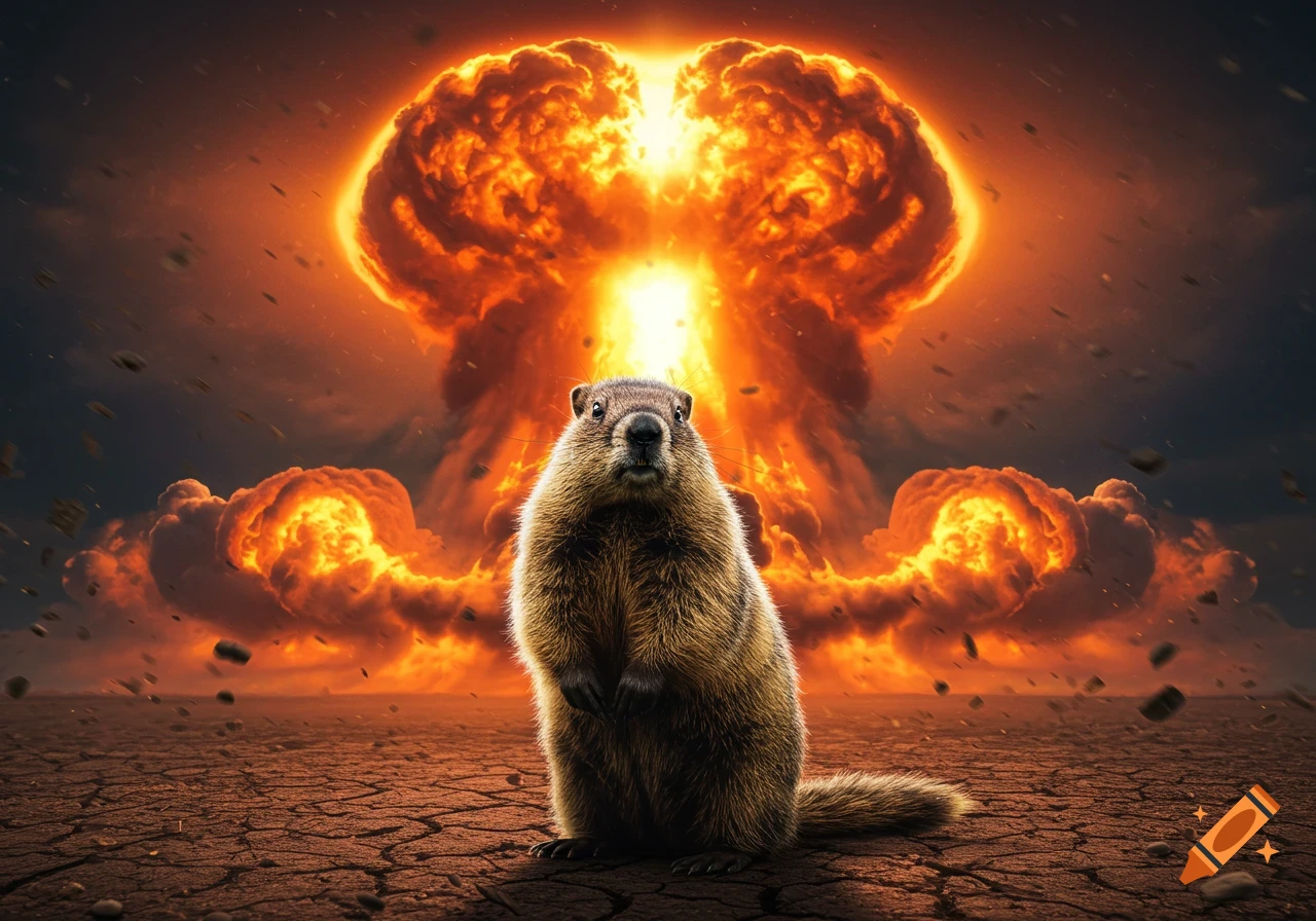 A groundhog stands in a desolate, cracked landscape before a massive, fiery mushroom cloud explosion.