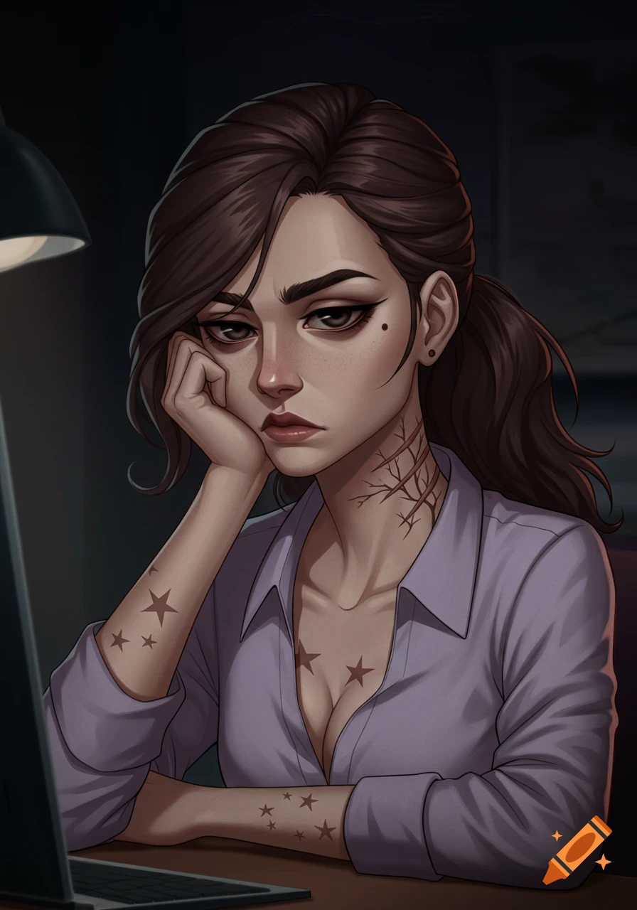 Anime portrait of a tired young woman with brown hair and star scars, sitting at a dimly lit desk with a laptop.