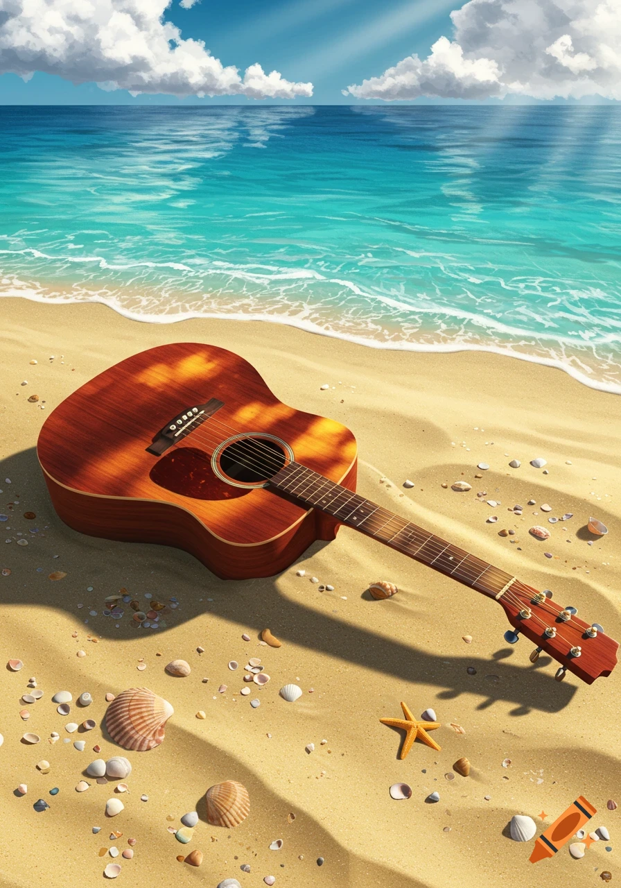 A realistic brown acoustic guitar lies on a sandy beach with seashells and a starfish, with ocean waves and a blue sky with clouds in the background.