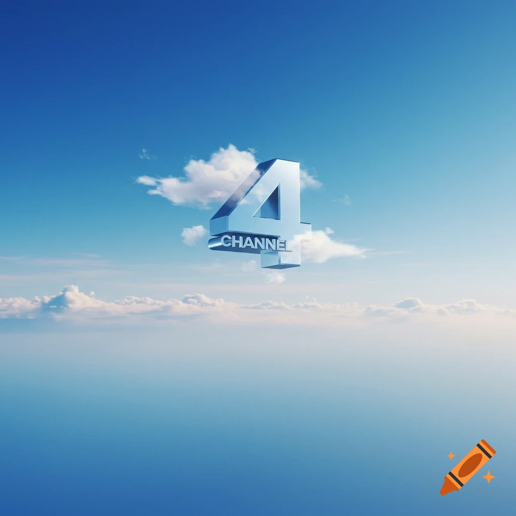 A large, silver metallic number 4 with the word 'CHANNEL' below it, floating in a bright blue sky with white clouds.