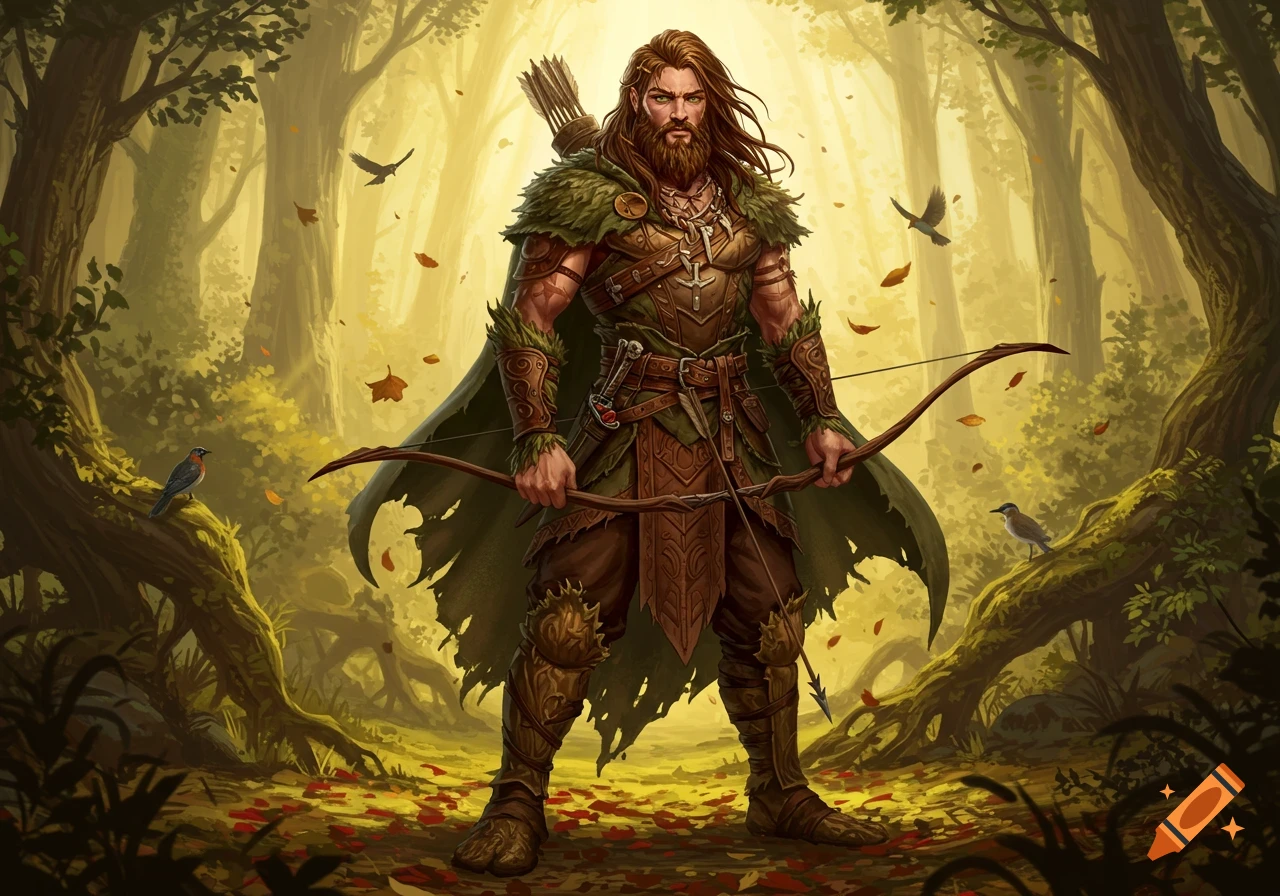 A rugged male ranger with long brown hair and beard, dressed in green and brown armor, holds a bow in a vibrant, sunlit forest with autumn leaves.