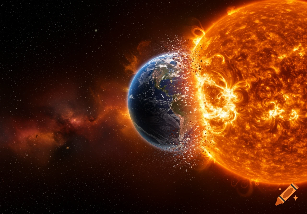 The Earth is shown breaking apart as it collides with the fiery surface of the sun in a dark, star-filled space.