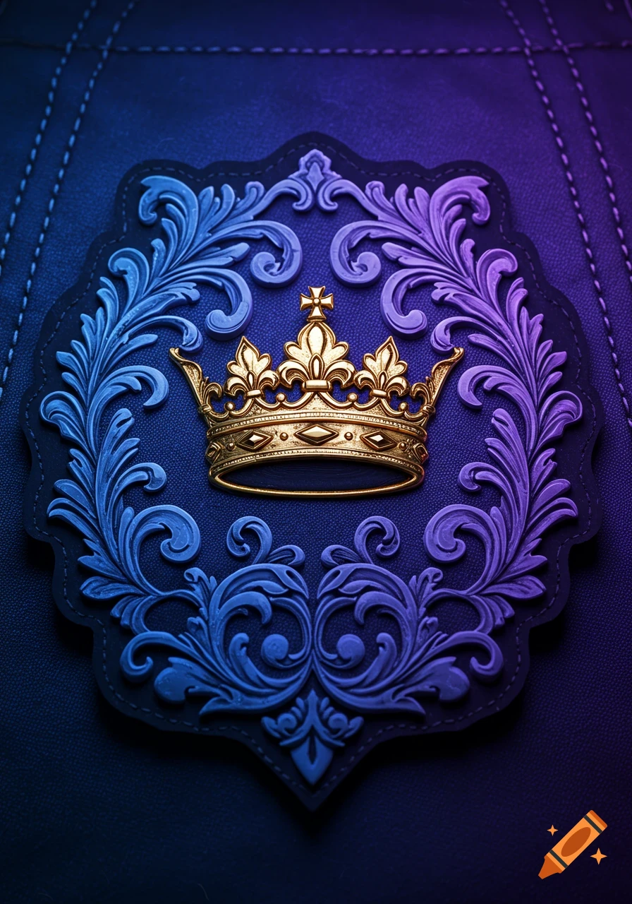 A detailed golden crown rests on an ornate blue and purple patch with scrollwork, set against a dark textured background.