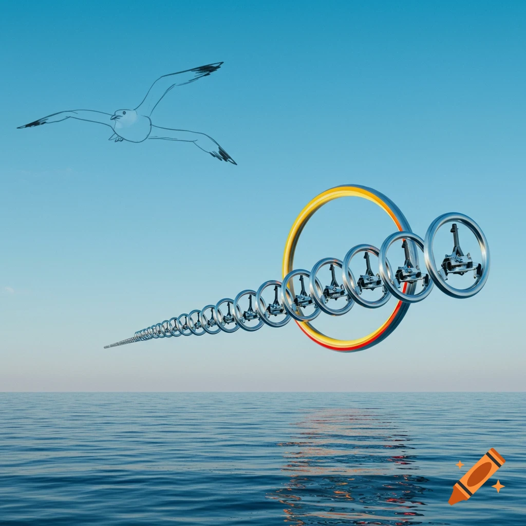 A sketched bird flies above a calm blue ocean, with a long line of metallic rings with chrome trailer jacks receding into the distance, under a clear blue sky.