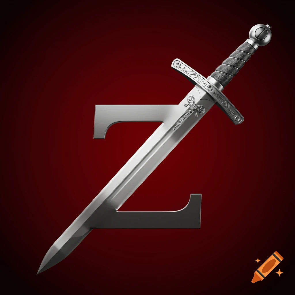 A stylized silver letter Z with a medieval sword integrated into it, set against a dark red background.