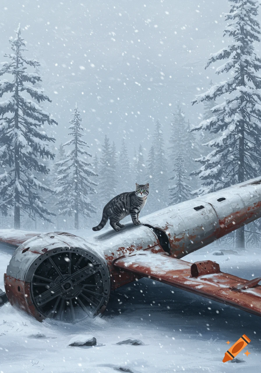 A tabby cat stands on the snowy wreckage of a crashed plane in a forest during a snowstorm.