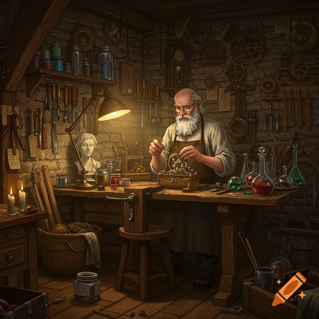 An old man with a white beard and glasses meticulously works on a mechanical device at a wooden workbench in a dimly lit, cluttered workshop. Bottles and tools fill the space.