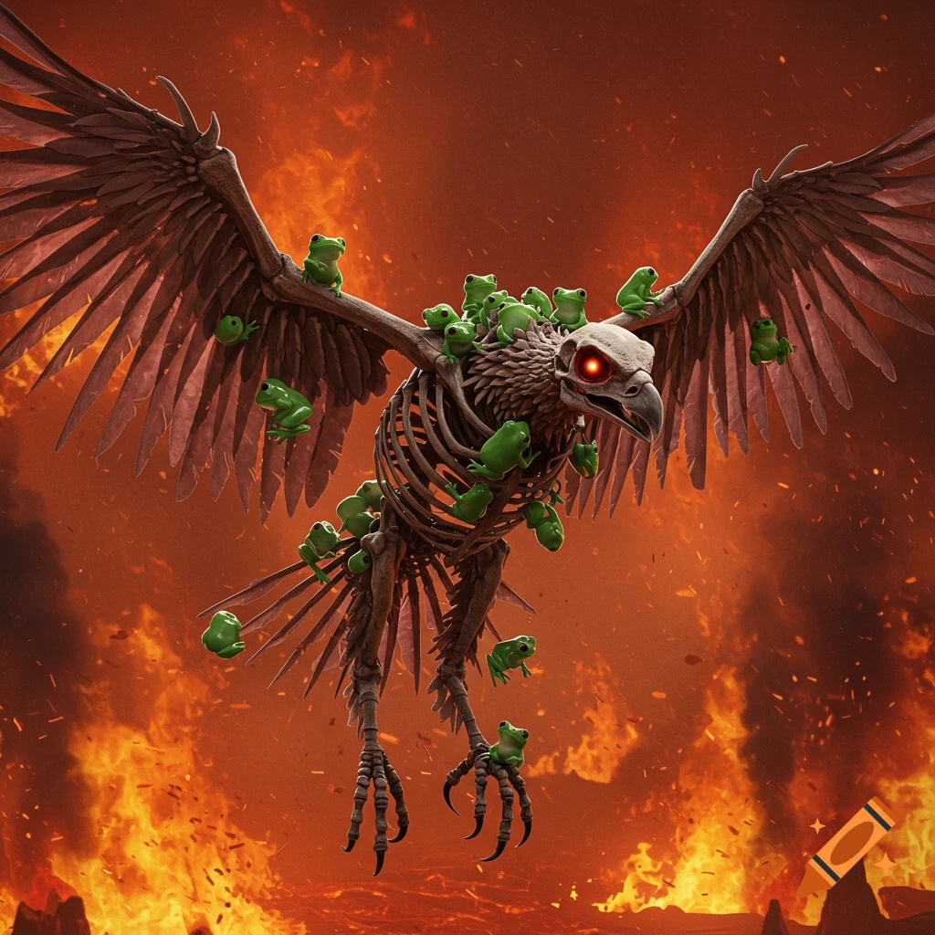 A detailed skeletal eagle with glowing red eyes soars through a fiery hellscape, covered in small green baby frogs.