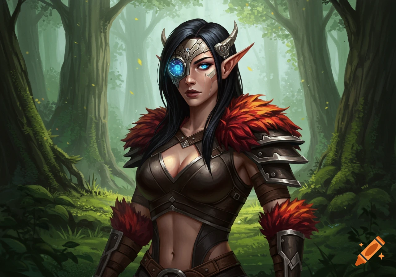 A dark-haired half-elf woman with horns and a glowing blue cyborg eyepiece wears leather druid armor with red fur trim in a mystical forest.