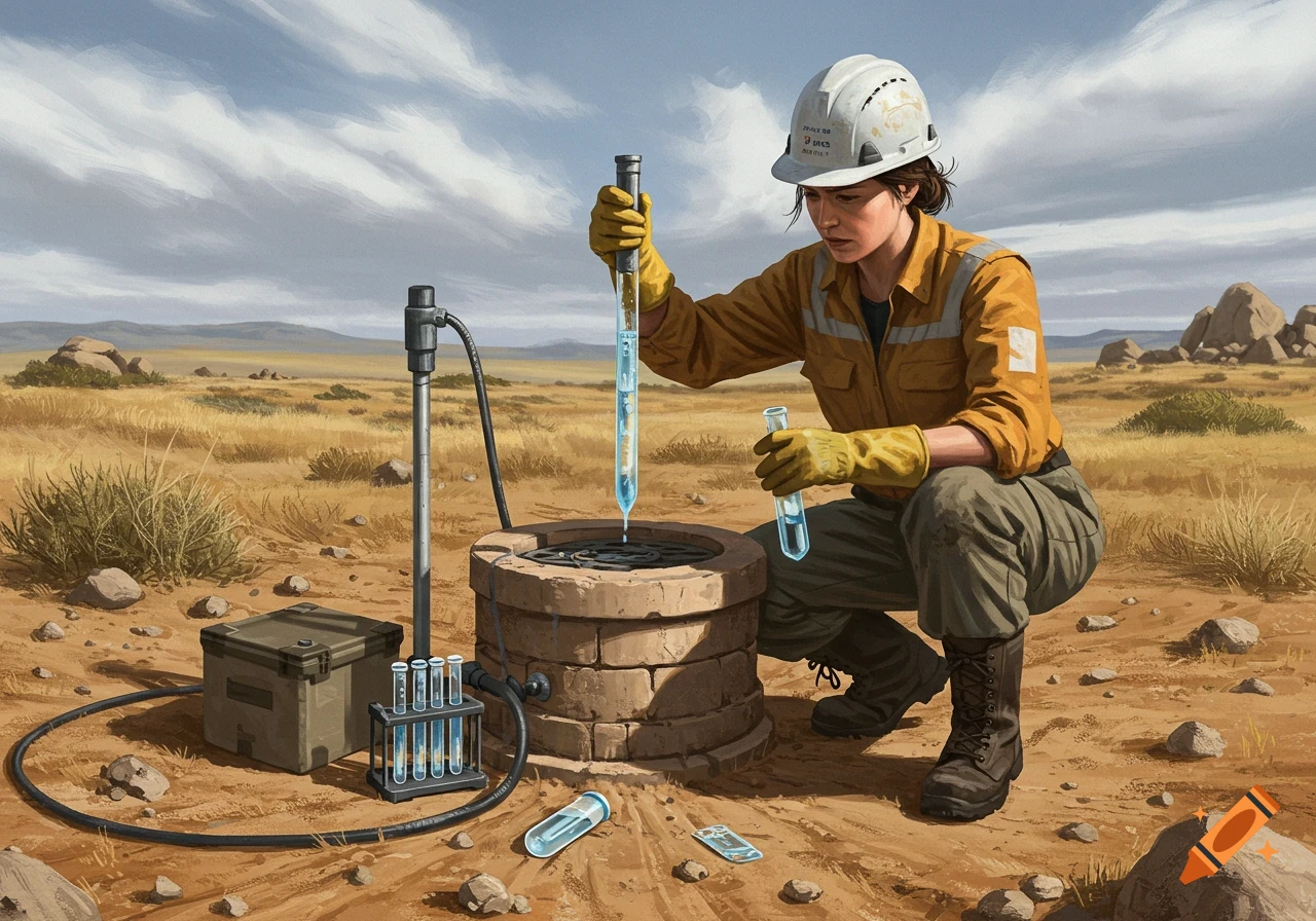A female hydrogeologist samples water from a well in a dry, open field with scientific equipment, painted in a realistic style.