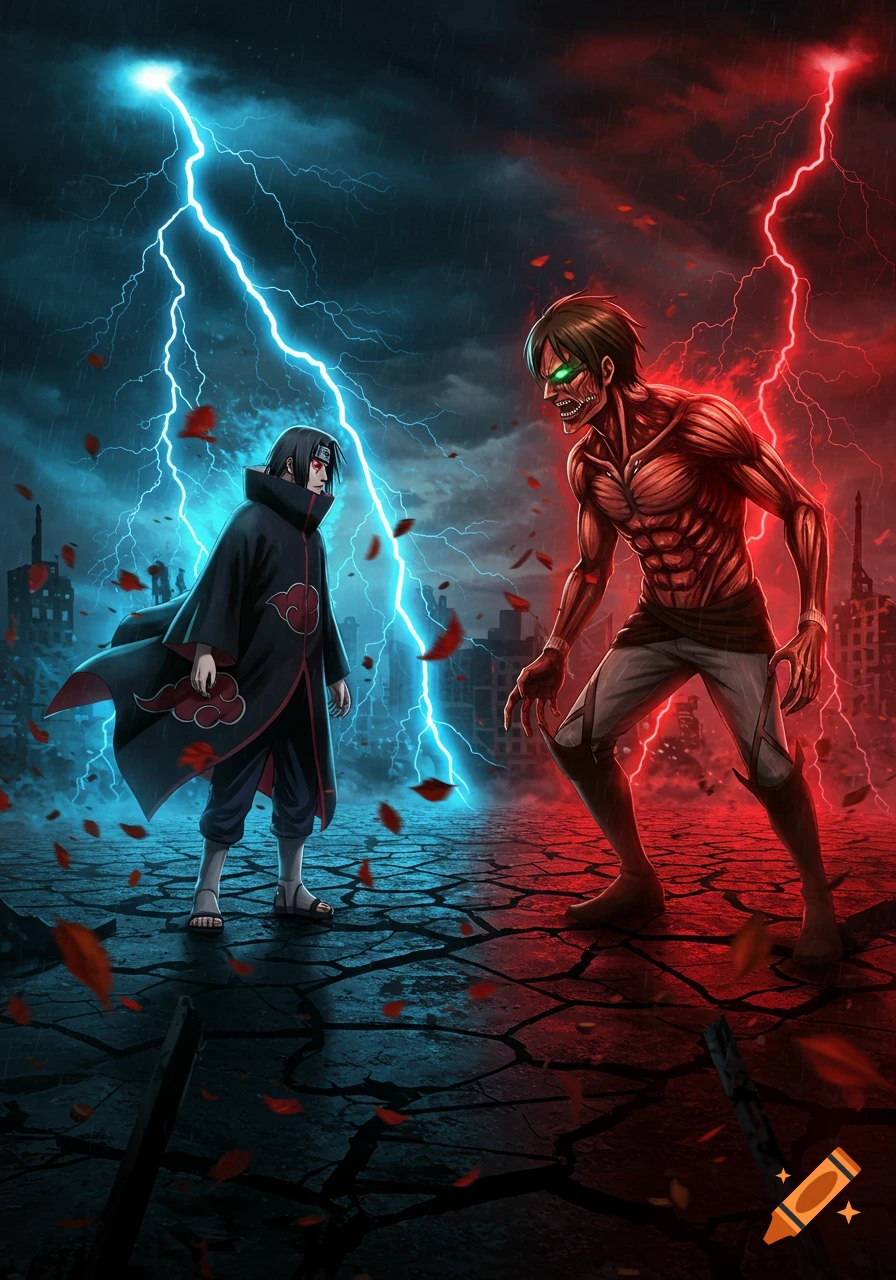 Itachi Uchiha and the Attack Titan Eren Yeager stand opposite each other in a dark, ruined city under striking blue and red lightning and rain, in an anime style.