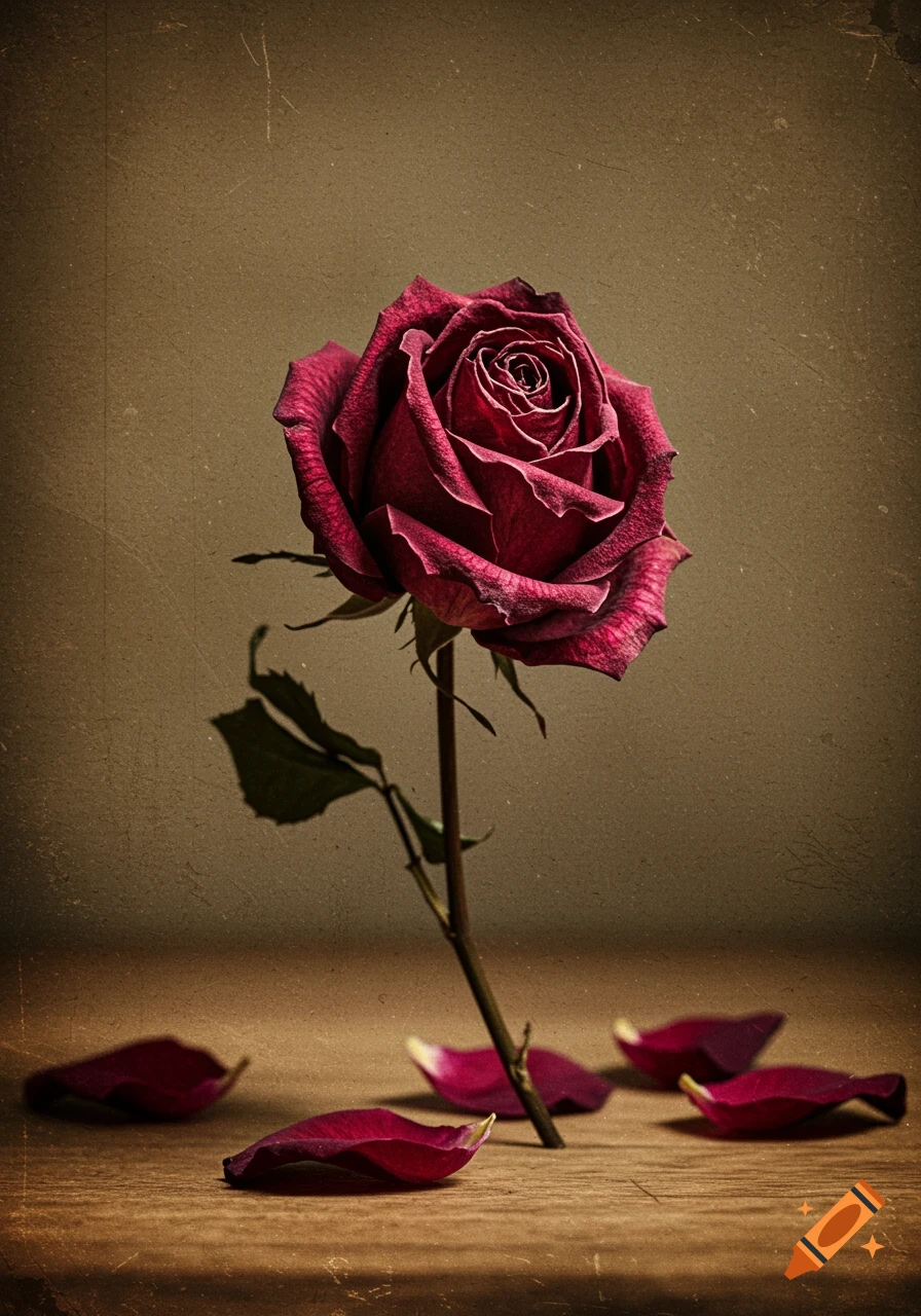 A withered dark red rose stands on a wooden table with scattered petals and a textured brown background.