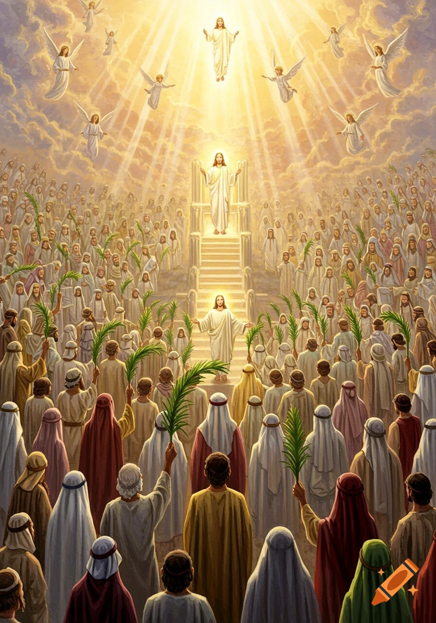 A divine painting of Jesus in a bright, heavenly scene, surrounded by angels and a multitude holding palm branches.