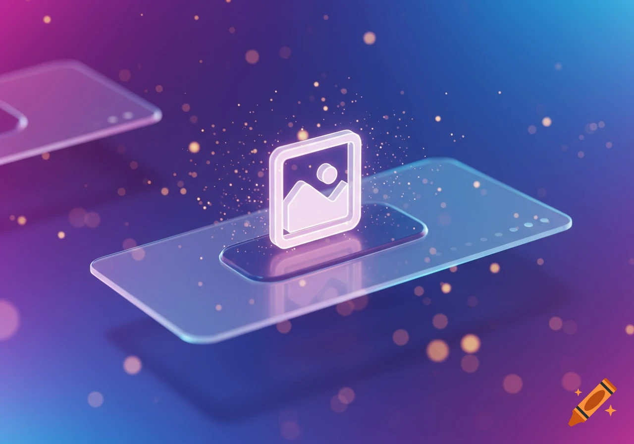 A glowing 3D image icon with mountains and sun floats above a translucent tablet, surrounded by sparkling particles, in a vibrant blue and purple digital art style.