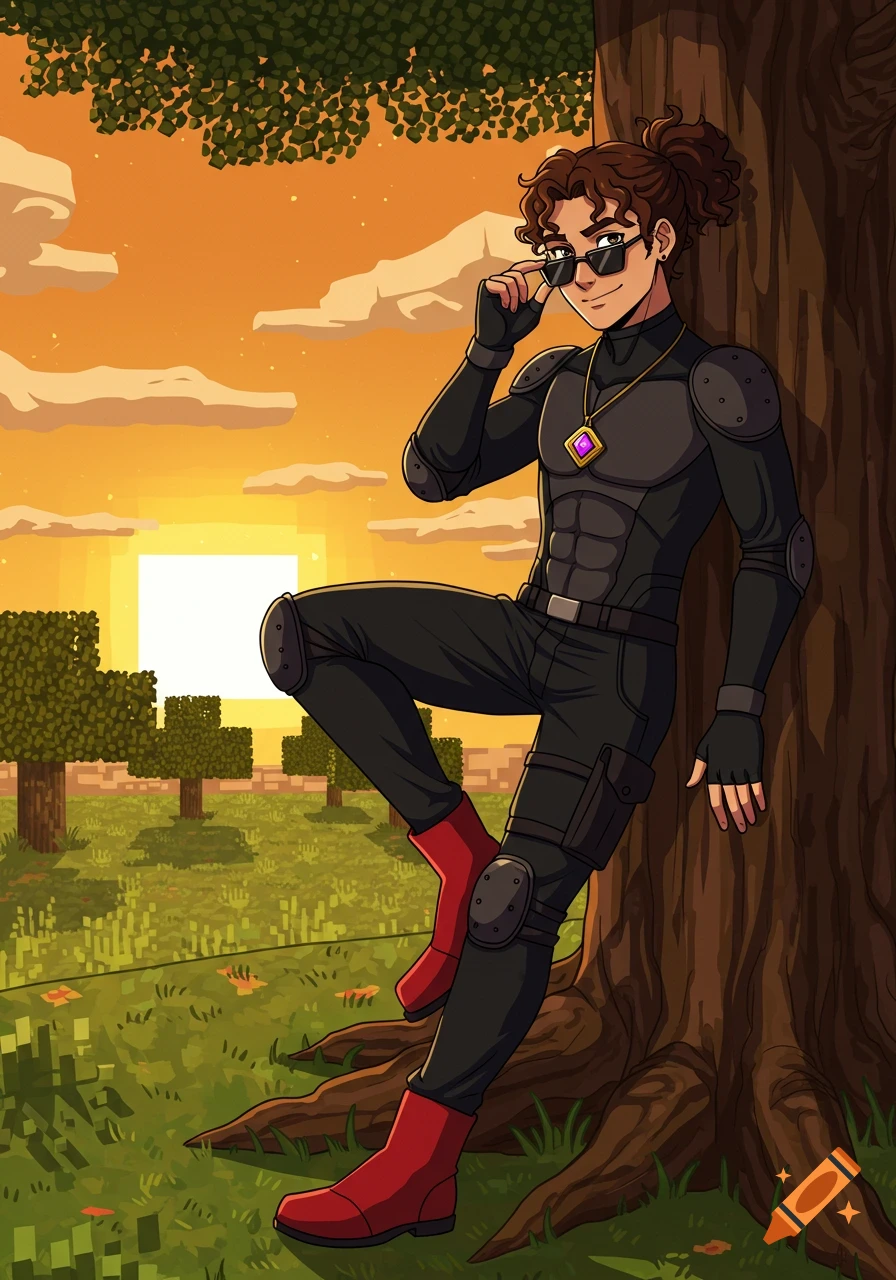 A young man in a tactical black outfit and red boots lounges against a tree in a retro anime/comic book style, with a pixelated Minecraft-like sunset landscape in the background.