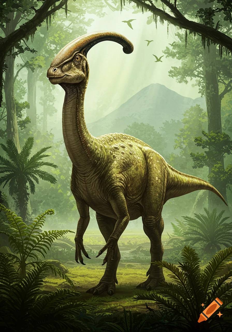 A photorealistic Parasaurolophus dinosaur stands in a lush, misty jungle with trees and ferns.