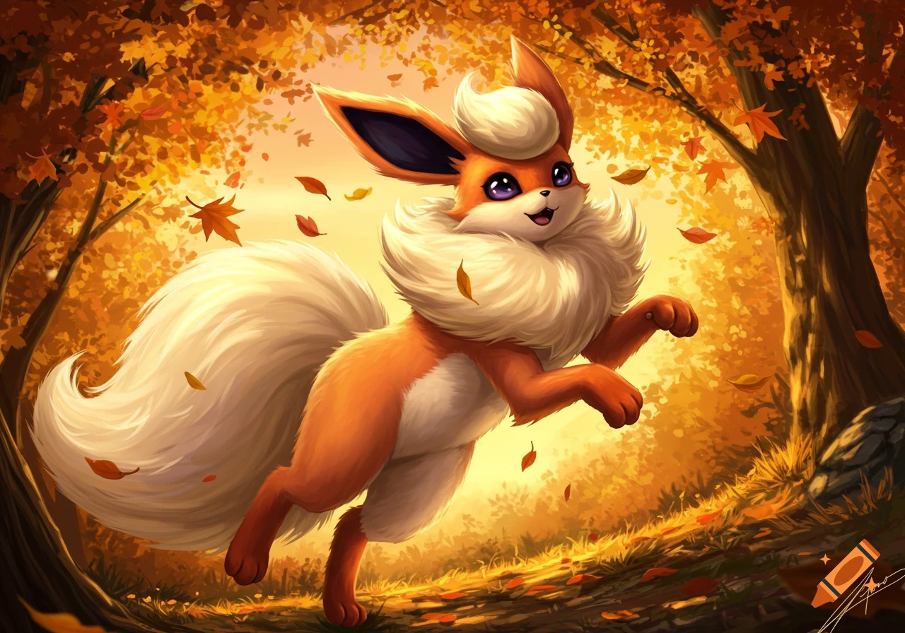 A fluffy, orange Flareon leaps joyfully through a vibrant autumn forest with falling golden leaves.