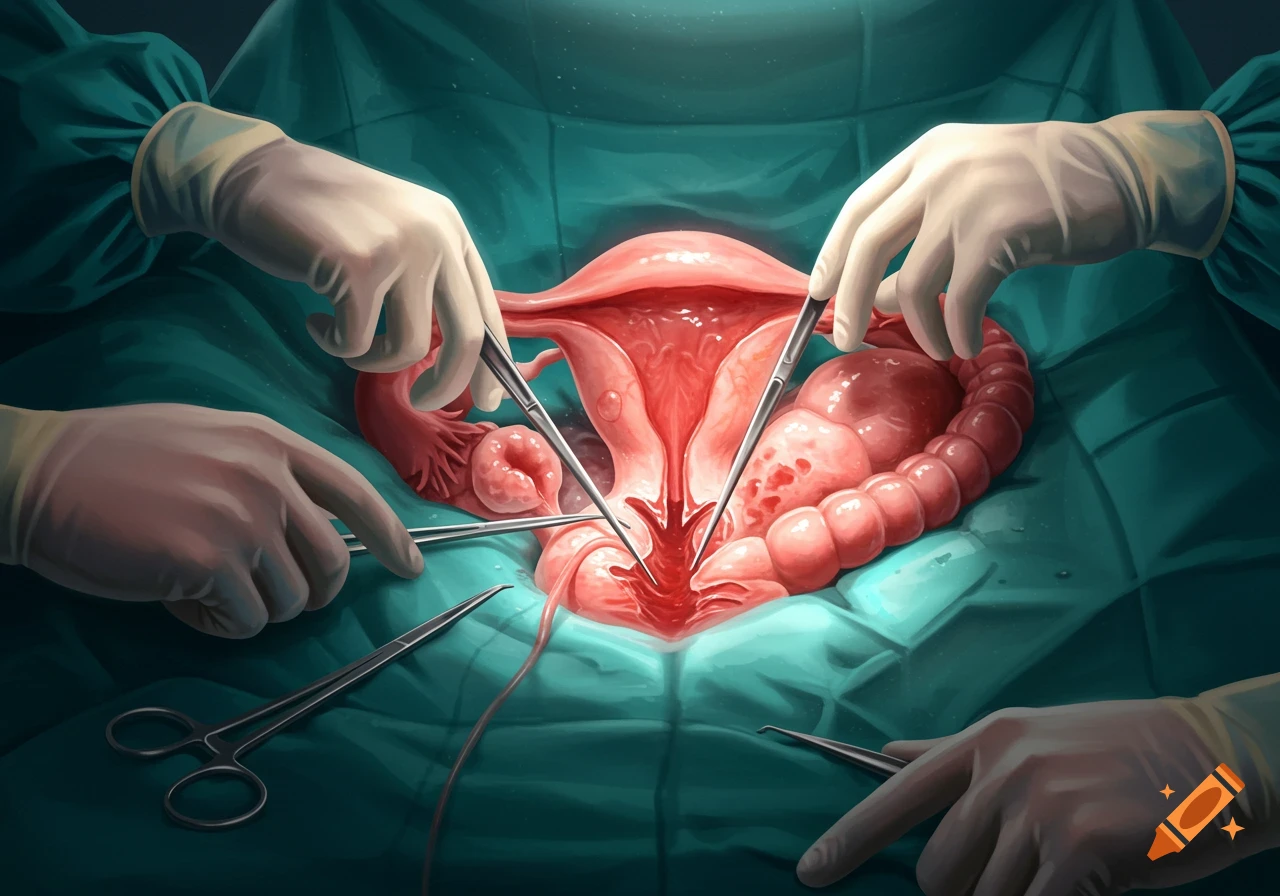 An illustration of a uterus and ovaries during surgery, with gloved hands holding surgical instruments.