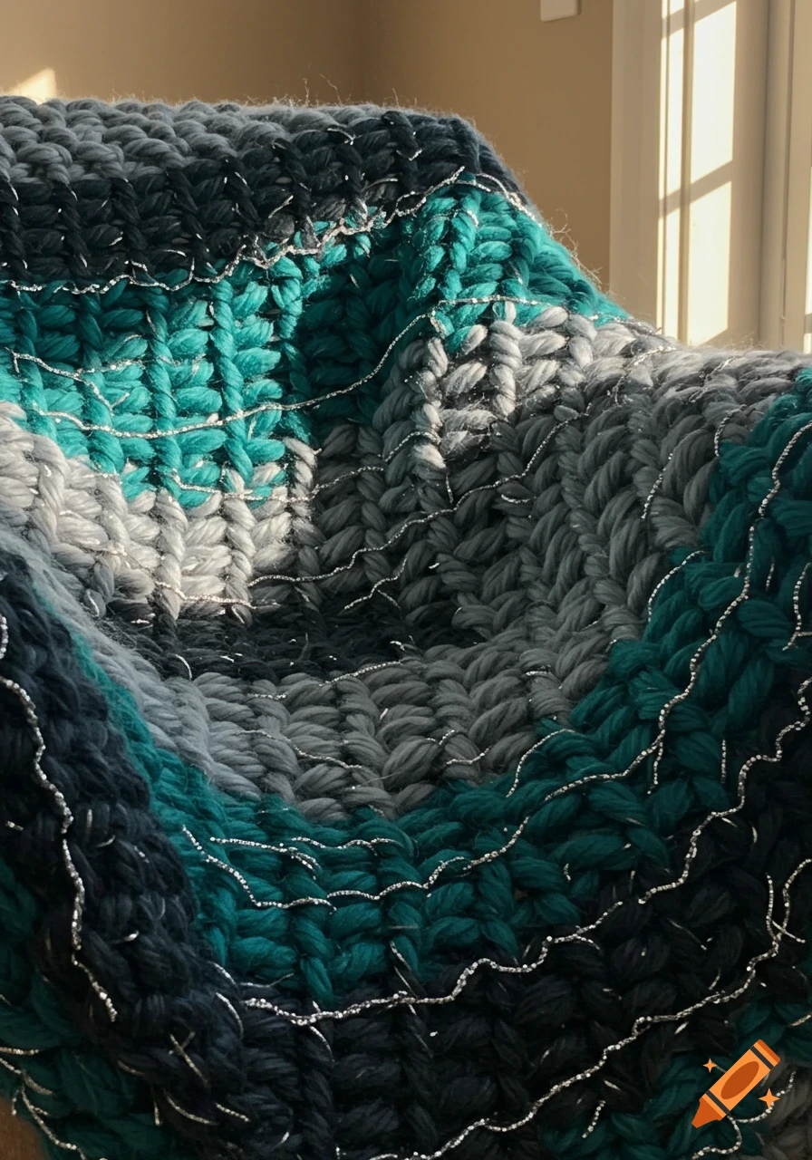 Close-up of a chunky knit blanket with teal, gray, and black stripes, interwoven with silver threads.