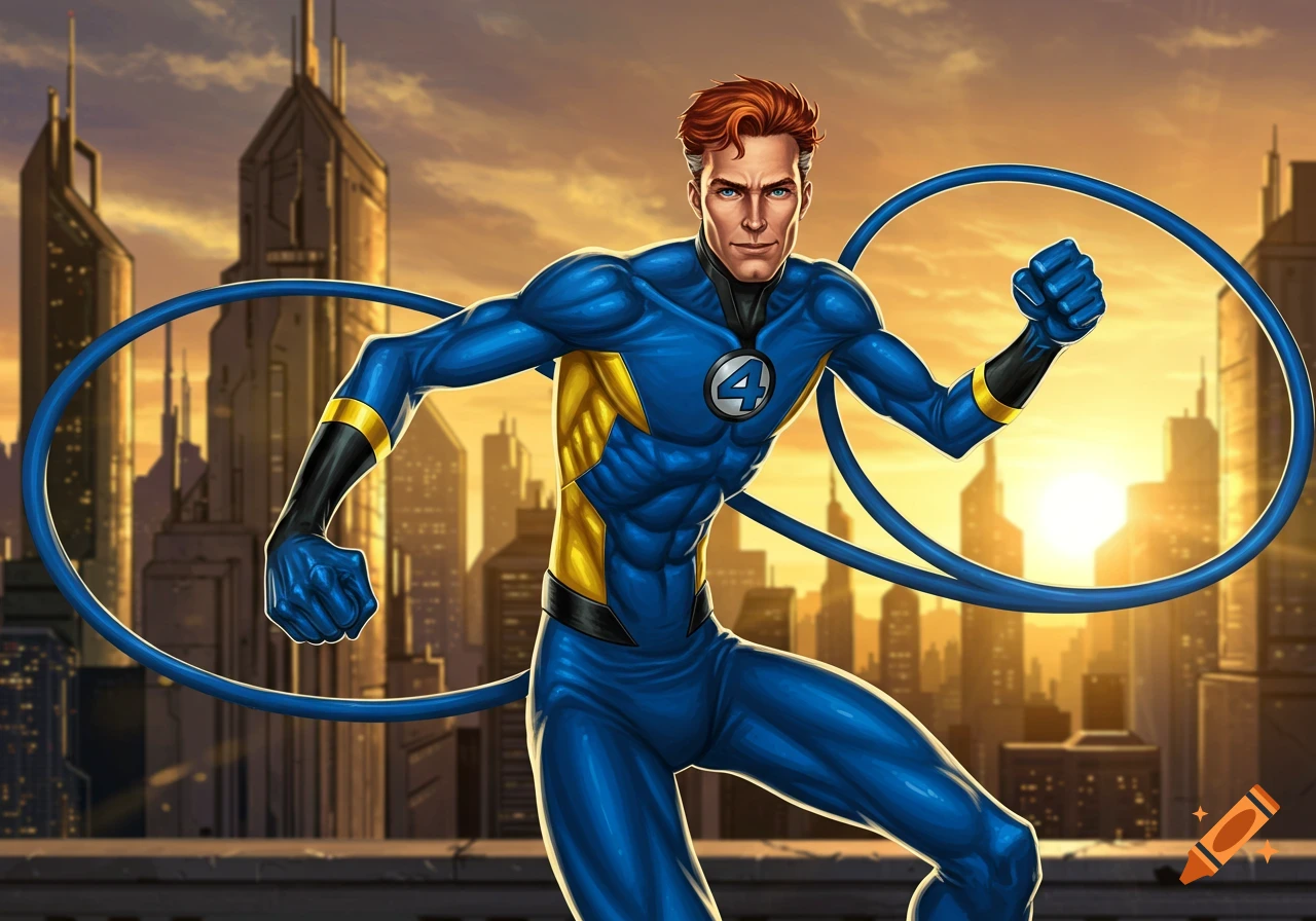 A red-haired male superhero in a blue and yellow costume with a number 4 on his chest stands against a cityscape, with stretchy blue loops around him.