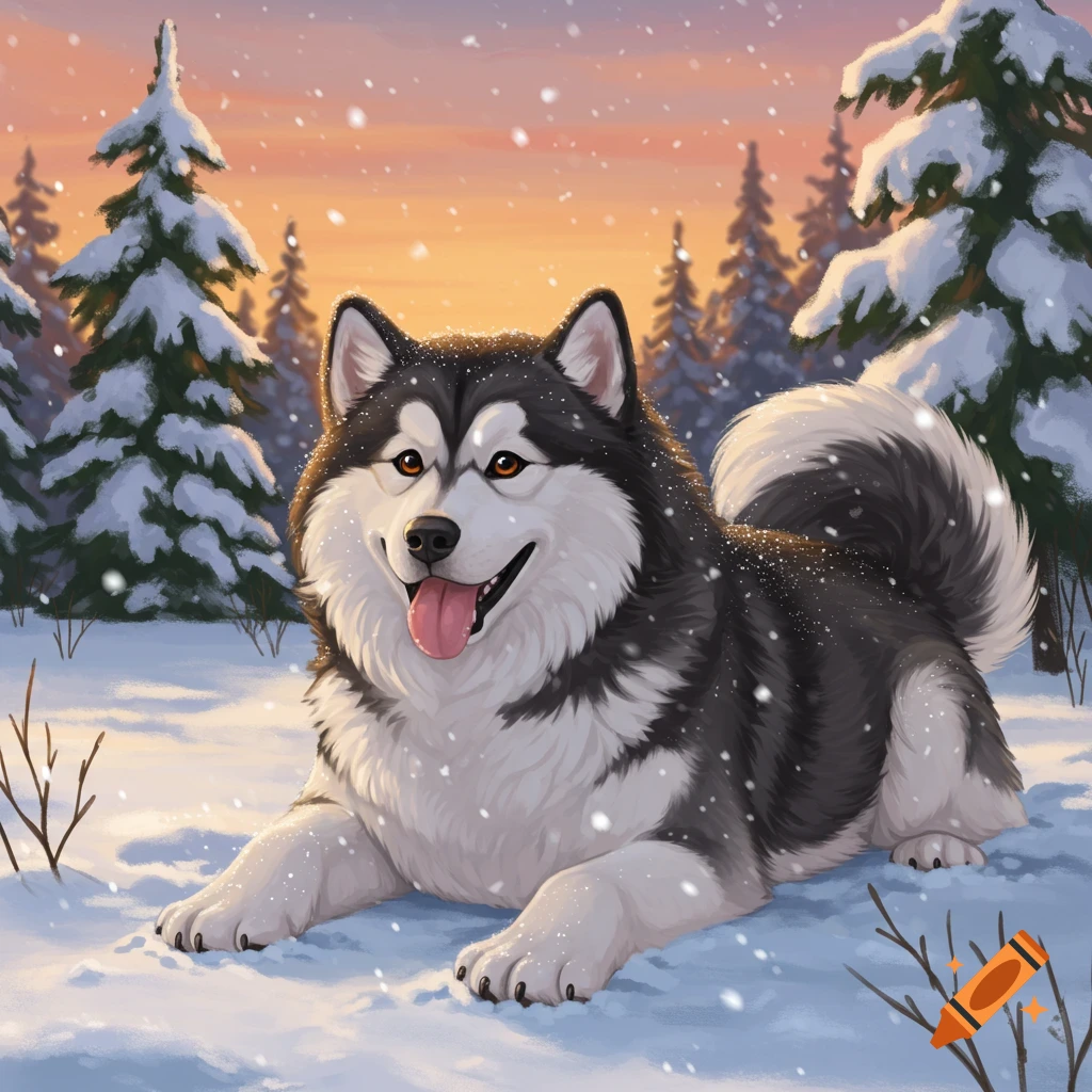 A cute Alaskan Malamute dog lies in a snowy forest with falling snow and a sunset sky.