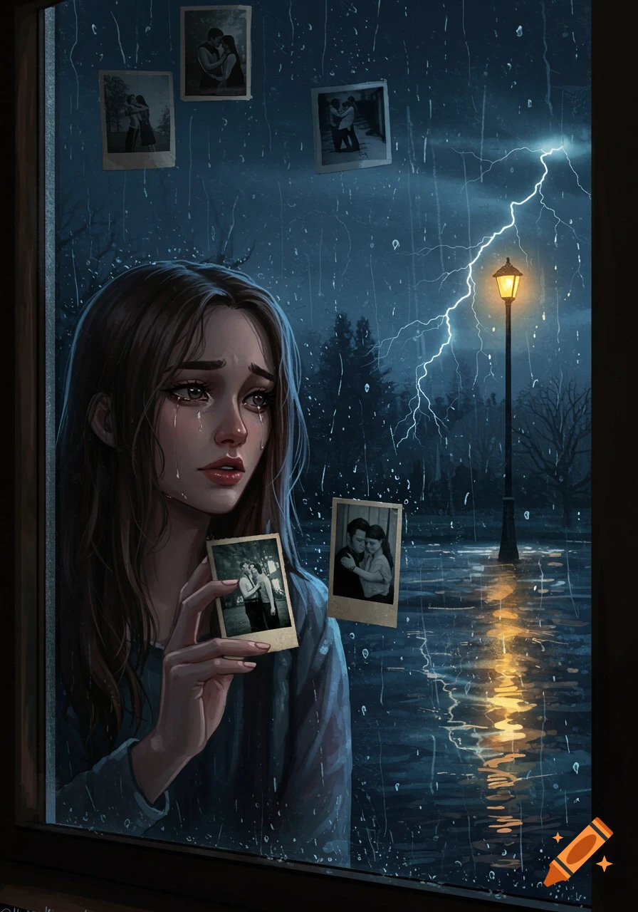 A digital art portrait of a crying woman holding a photo, looking out a rainy window at a stormy night with lightning and a street lamp.