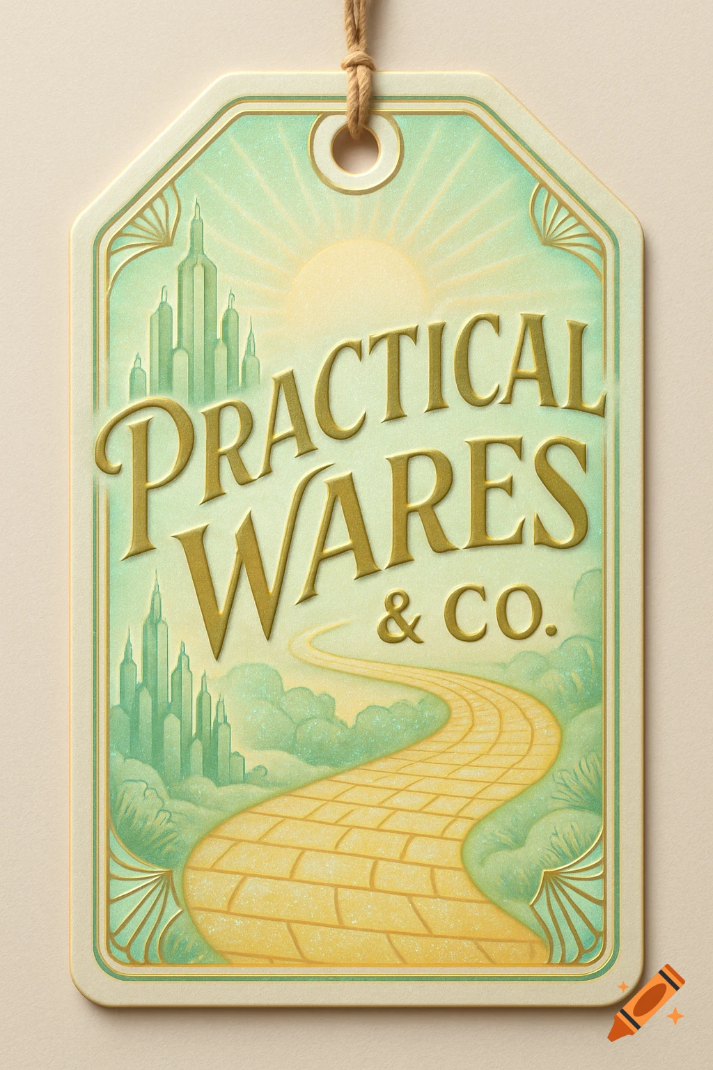 A vintage-style tag with "Practical Wares & Co." text, featuring a yellow brick road leading to green city spires under a sunburst.