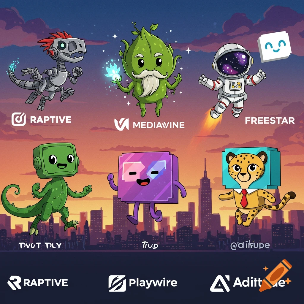 Six cartoon mascots, including a robot dinosaur, tree spirit, astronaut, and cheetah, against a city skyline.