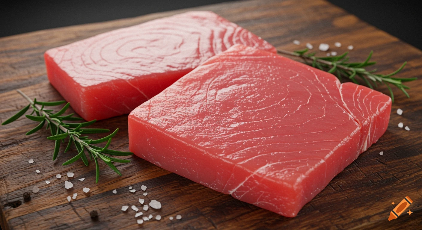 Two rectangular yellowfin tuna steaks on a wooden cutting board with rosemary and coarse salt.